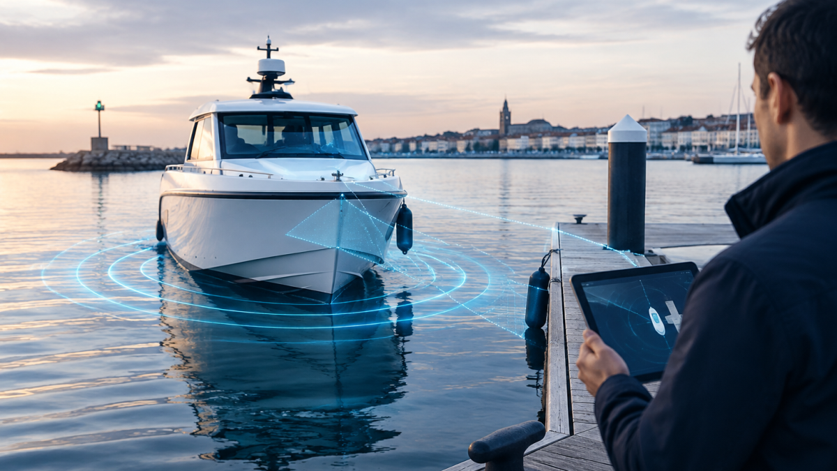 Bateau de plaisance utilisant un système d’amarrage autonome dans un port