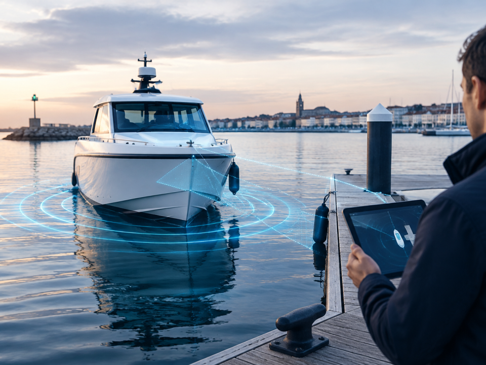 Bateau de plaisance utilisant un système d’amarrage autonome dans un port