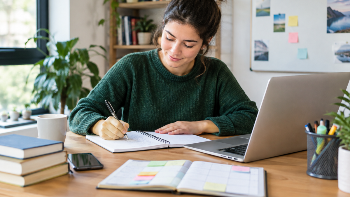 Entrepreneur organisant son temps et ses projets sur un bureau