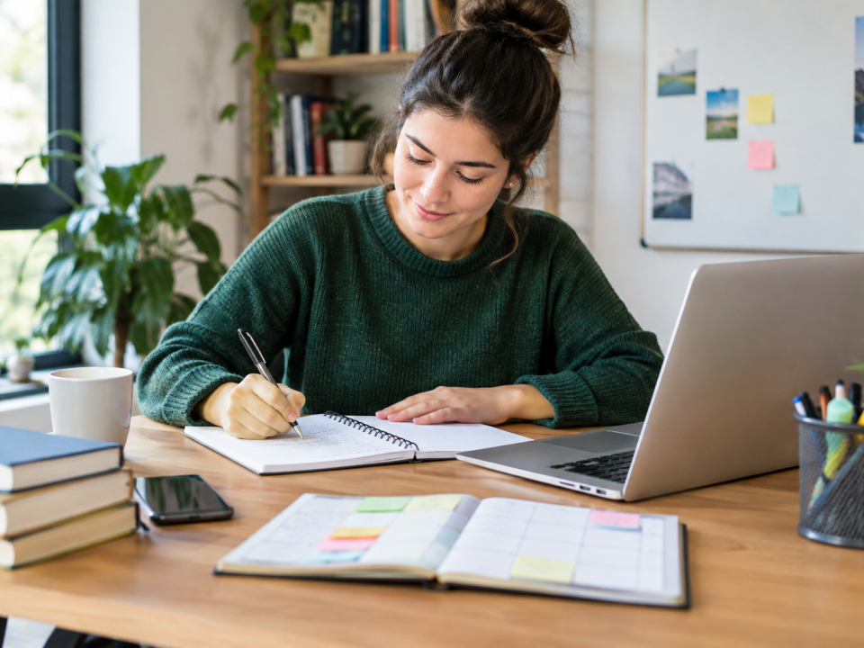 Entrepreneur organisant son temps et ses projets sur un bureau