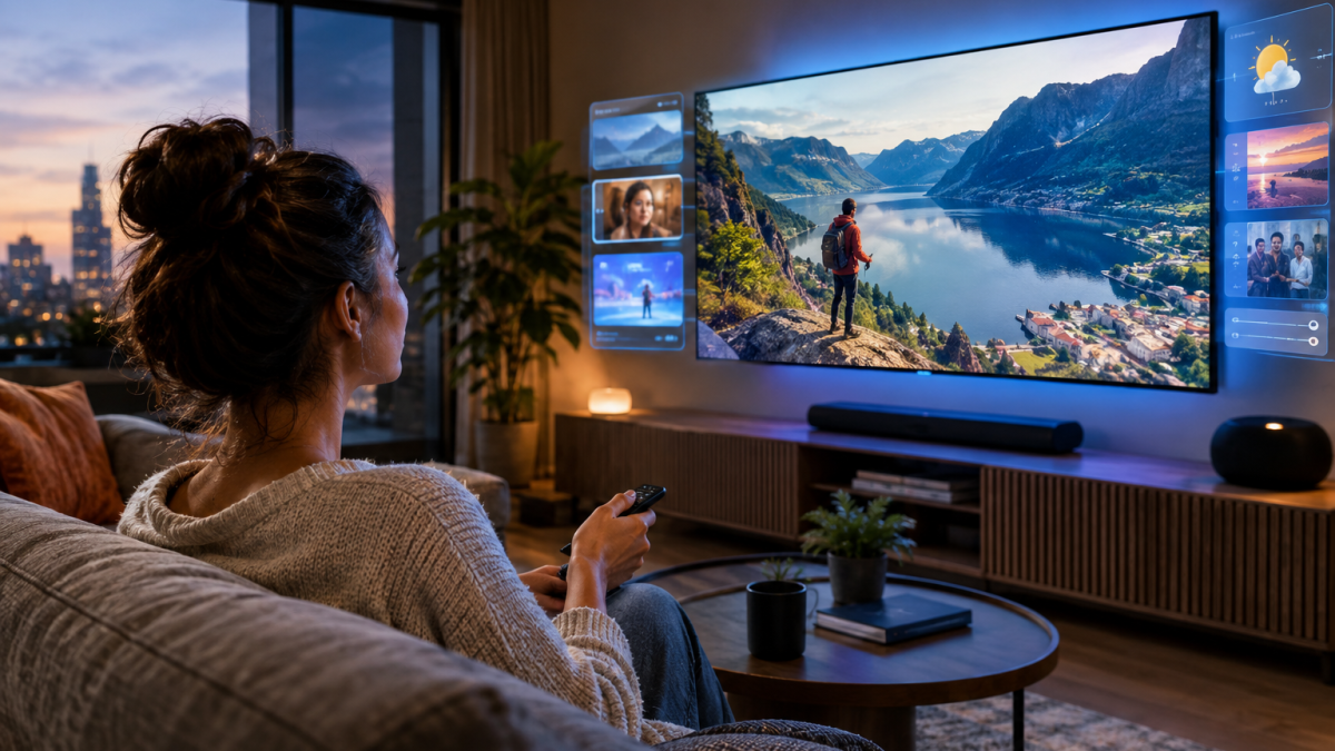 Écran de télévision connecté affichant une interface de streaming personnalisée