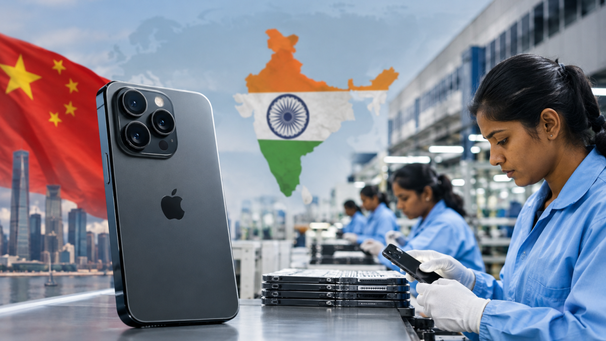 Chaîne de production électronique illustrant la concurrence industrielle entre l’Inde et la Chine