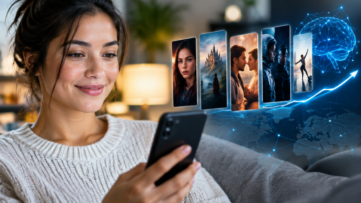 Illustration d’une micro-série verticale produite avec l’intelligence artificielle sur smartphone