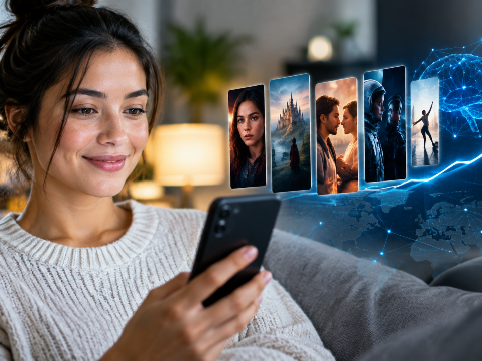 Illustration d’une micro-série verticale produite avec l’intelligence artificielle sur smartphone