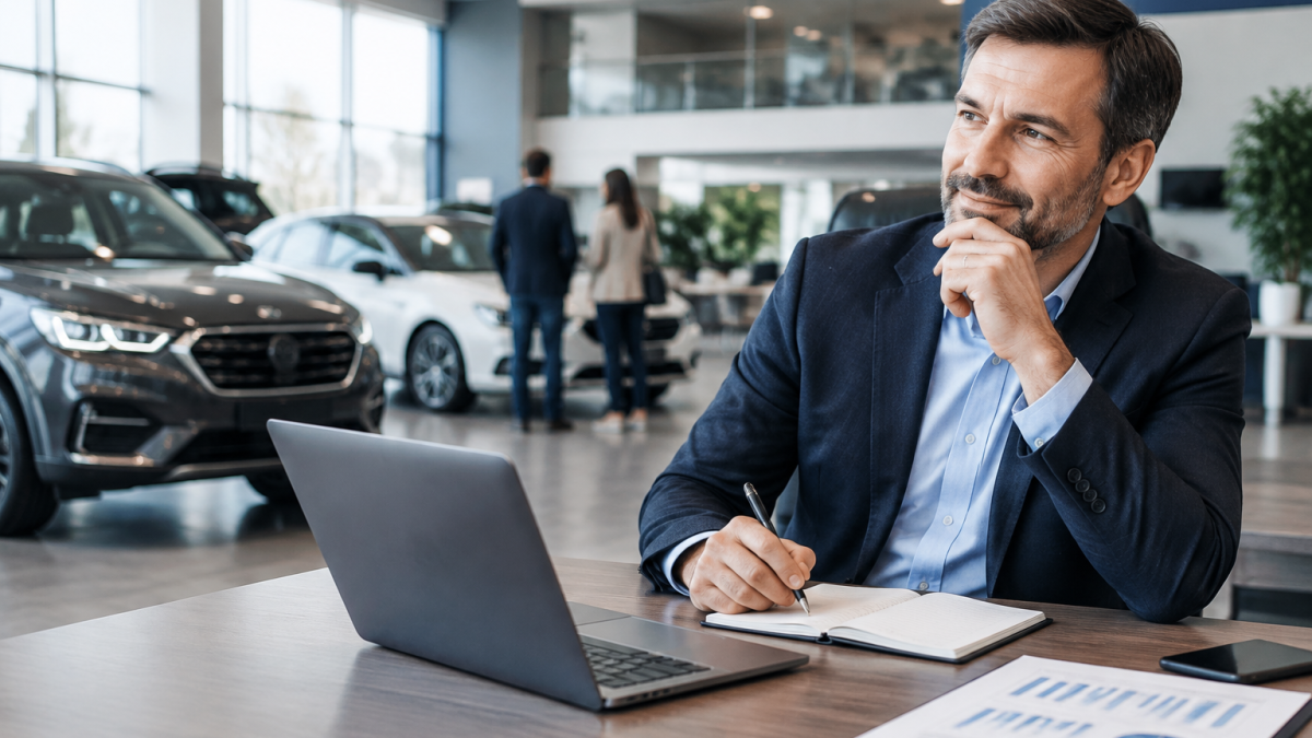 Atelier de concessionnaire automobile avec mécanicien réalisant l'entretien d'un véhicule