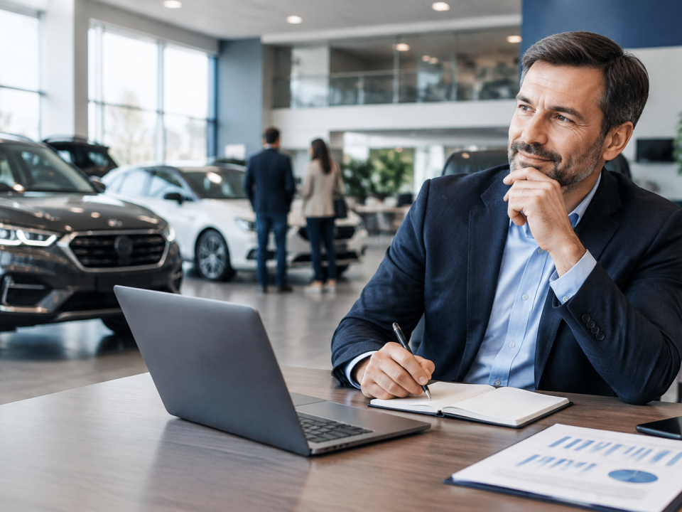 Atelier de concessionnaire automobile avec mécanicien réalisant l'entretien d'un véhicule