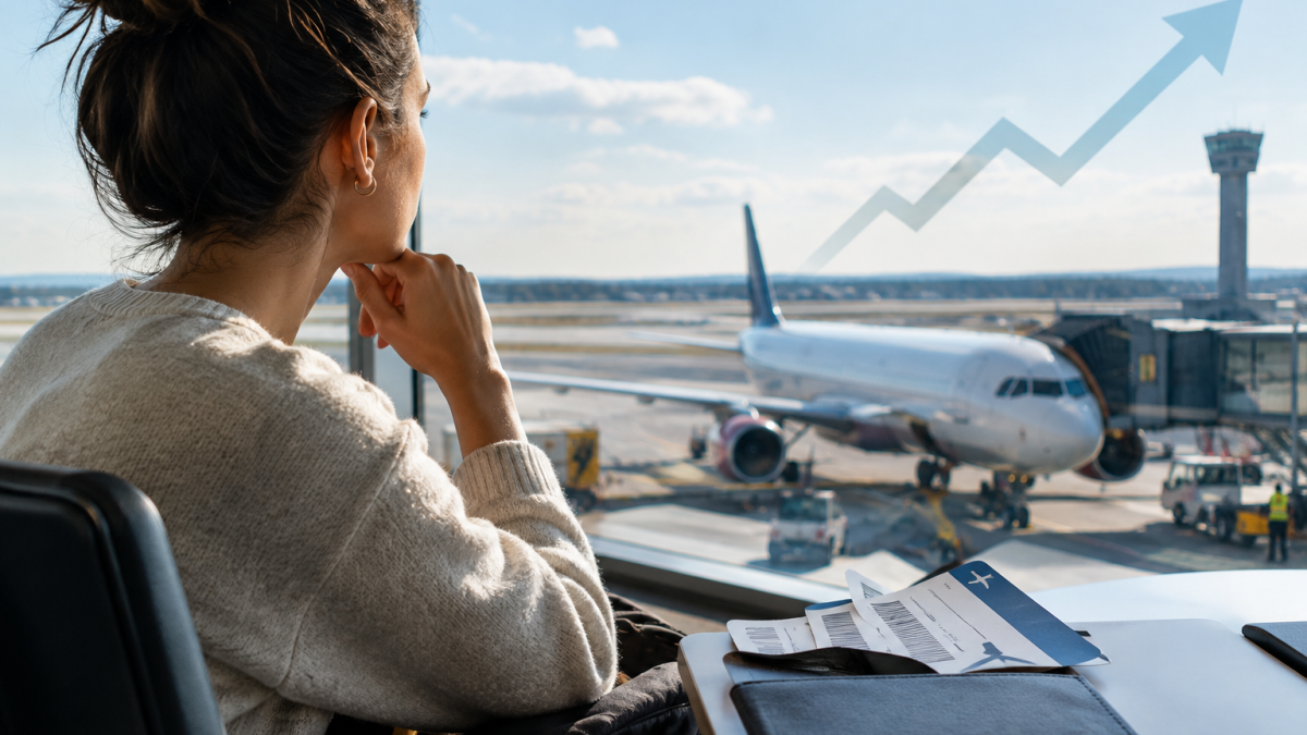Passagère consultant le prix de billets d’avion sur son smartphone dans un aéroport