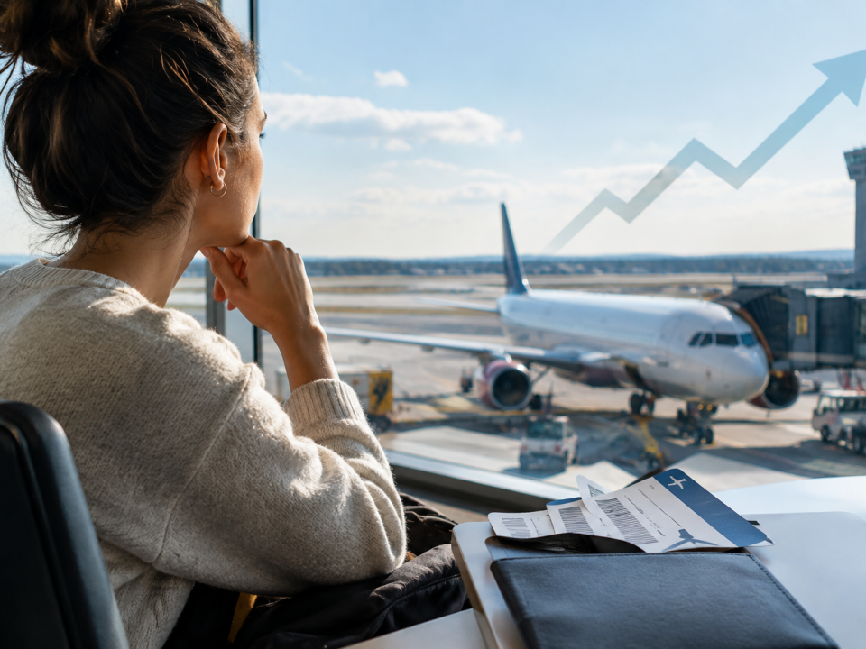 Passagère consultant le prix de billets d’avion sur son smartphone dans un aéroport